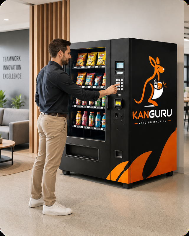 Colaborador usando a vending machine Kanguru no escritório